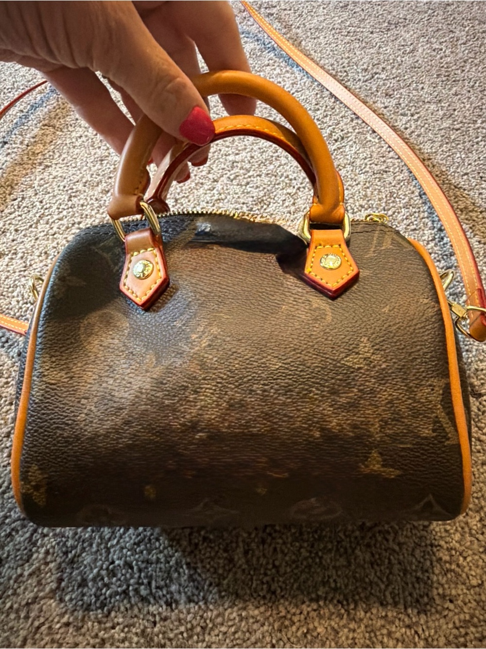 Dark Brown Mini Monogram Top-Handle Crossbody Bag with Tan Trim